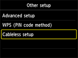 Other setup screen: Select Cableless setup